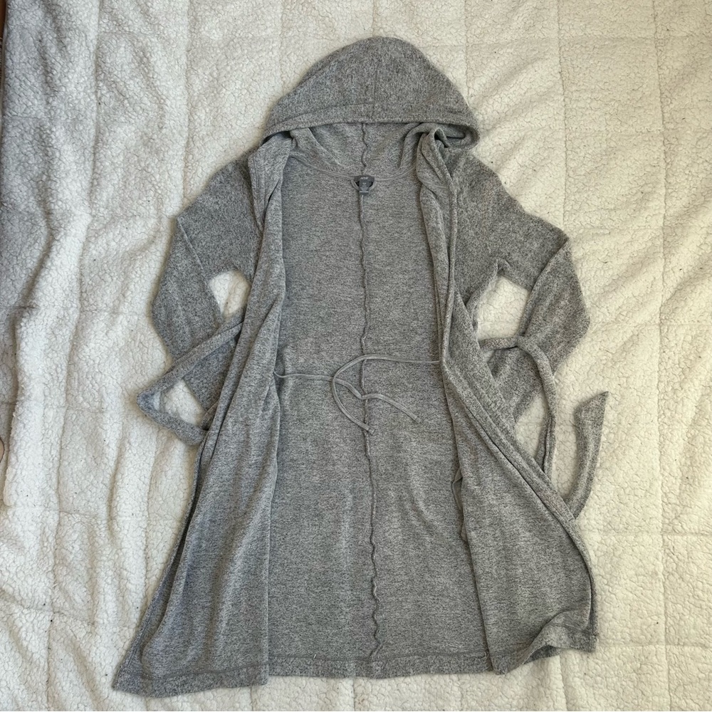 AERIE Comfy Gray Hooded Cardigan with Belt - Picture 8 of 15
